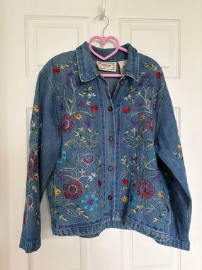 Tantrums Blue Denim Jacket with Multicolor Floral Embroidery